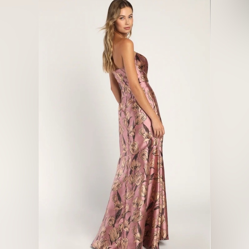 NWT Lulus Strapless Gowning Around Floral Maxi Dress Pink Gold Women’s Large - Picture 3 of 14